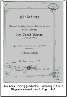 Die nach Leipzig geschickte Einldung mit dem Eingangsstempel vom 3. Sep. 1897